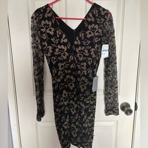 Nordstrom Black Long-Sleeve Floral Lace Dress with Gold Accents